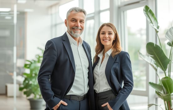 Portrait of two business people standing together in an office, happy business colleagues working as a team wearing business suit and looking at camera