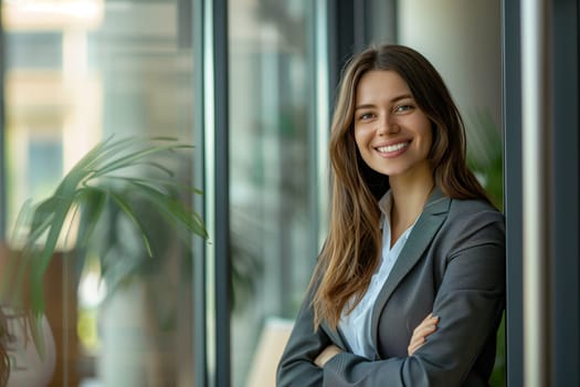 Portrait of confident happy smiling young employee standing in the office, female worker wearing business suit and looking at camera