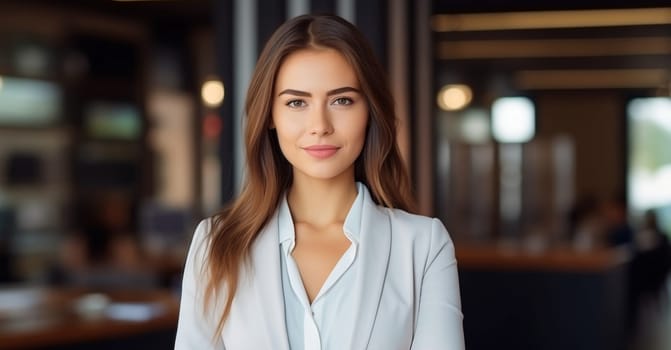 Portrait of confident happy smiling young employee standing in the office, female worker wearing business suit and looking at camera