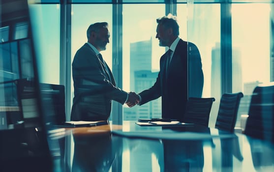 Happy smiling mature businessman shaking hands with his colleague after a meeting in a corporate boardroom. Business people celebrating a successful business partnership c