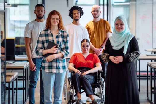 A diverse group of young business people walking a corridor in the glass-enclosed office of a modern startup, including a person in a wheelchair and a woman wearing a hijab.