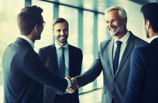 Happy smiling mature businessman shaking hands with his colleague after a meeting in a corporate boardroom. Business people celebrating a successful business partnership c