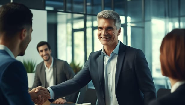 Happy smiling mature businessman shaking hands with his colleague after a meeting in a corporate boardroom. Business people celebrating a successful business partnership c