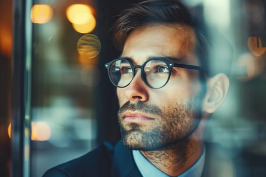 Portrait of thoughtful businessman thinking and looking out the window in the office, entrepreneur with glasses looking away making business plans