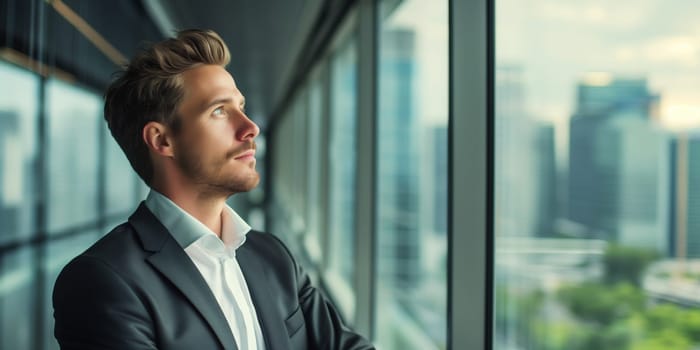 Portrait of thoughtful businessman thinking and looking out the window in the office, entrepreneur looking away making business plans