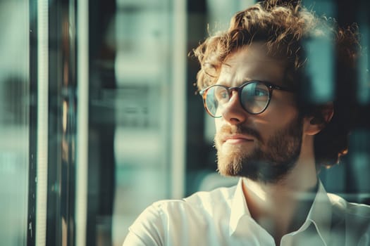 Portrait of thoughtful businessman thinking and looking out the window in the office, entrepreneur with glasses looking away making business plans