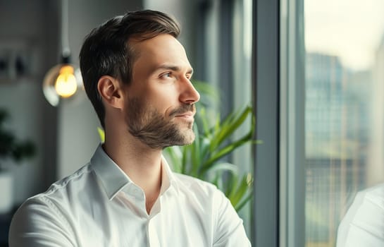 Portrait of thoughtful businessman thinking and looking out the window in the office, entrepreneur looking away making business plans