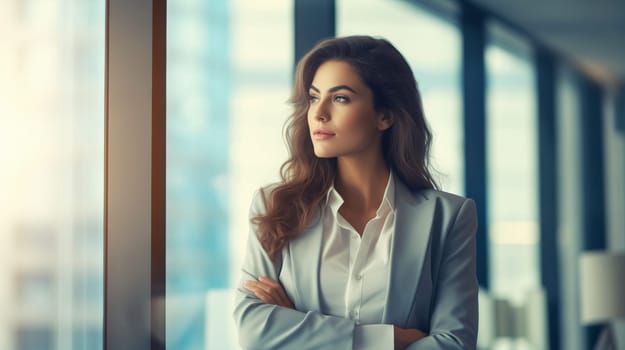 Portrait of thoughtful businesswoman thinking and looking out the window in the office, female entrepreneur looking away making business plans