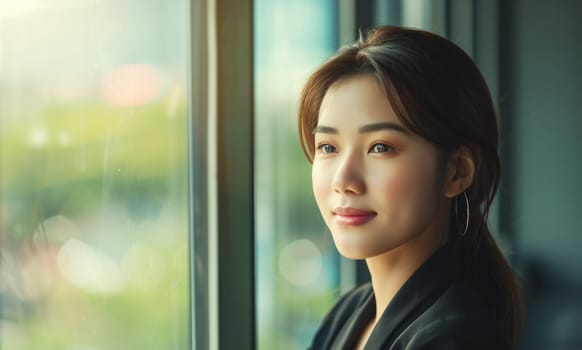 Portrait of thoughtful asian businesswoman thinking and looking out the window in the office, female entrepreneur looking away making business plans