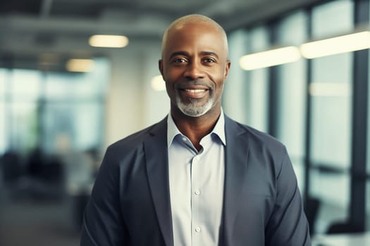 Portrait of confident happy smiling African American businessman standing in the office wearing business suit and looking at camera
