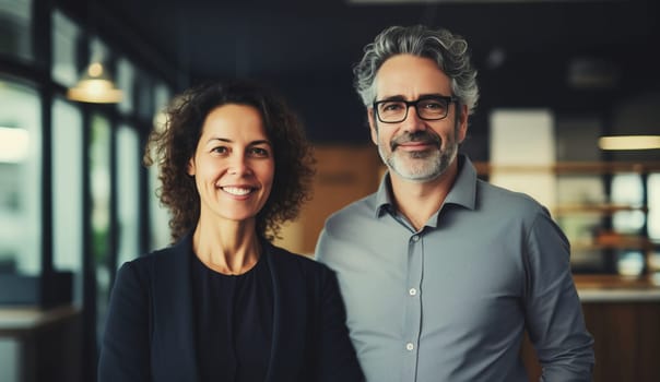 Portrait of two business people standing together in an office, happy business colleagues working as a team wearing business suit and looking at camera