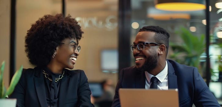 Happy smiling business people discussing a new project together sitting at the desk with laptop in an office, cheerful african colleagues having a conversation at a meeting