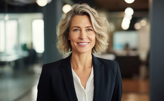 Portrait of confident happy smiling businesswoman standing in the office, female entrepreneur wearing business suit and looking at camera
