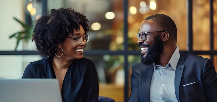 Happy smiling business people discussing a new project together sitting at the desk with laptop in an office, cheerful african colleagues having a conversation at a meeting