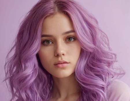 Portrait of a young woman with curly purple hair. AI generation