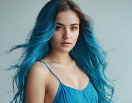 Portrait of a young woman with bright blue hair. AI generation