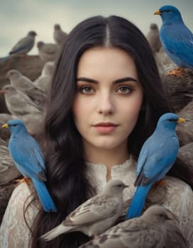 Portrait of a young woman outdoors in summer with a flock of birds around her head. AI generation