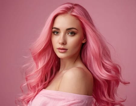 Portrait of a young woman with curly pink hair. AI generation