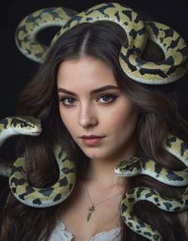 Portrait image of a young woman with snakes in her hair. AI generation