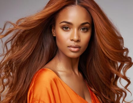 Portrait image of a young African American woman with bright orange hair. AI generation