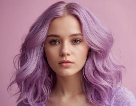 Portrait of a young woman with curly purple hair. AI generation