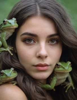 Portrait image of a woman with frogs on her head. AI generation