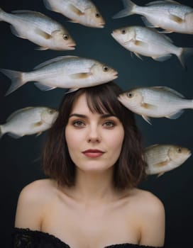 Portrait of a young brunette with fish around her head. AI generation