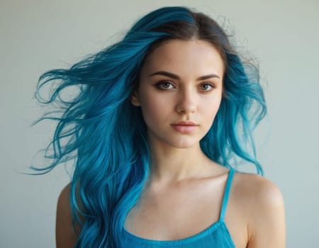 Portrait of a young woman with bright blue hair. AI generation