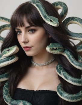 Portrait image of a beautiful woman with snakes in her hair. AI generation