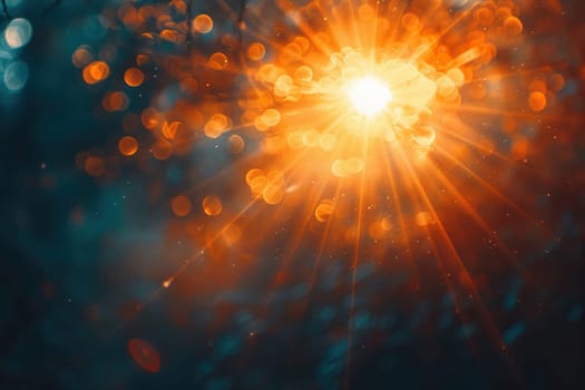 Solar flare with bright rays on a blurred background.