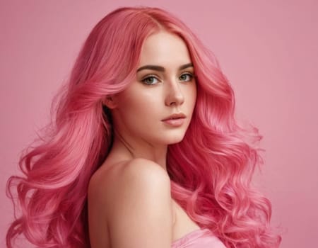 Portrait of a young woman with curly pink hair. AI generation