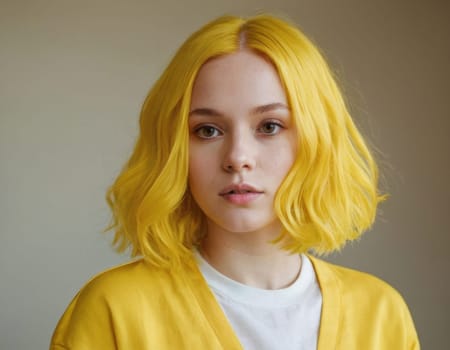 Portrait of a young woman with bright yellow hair. AI generation