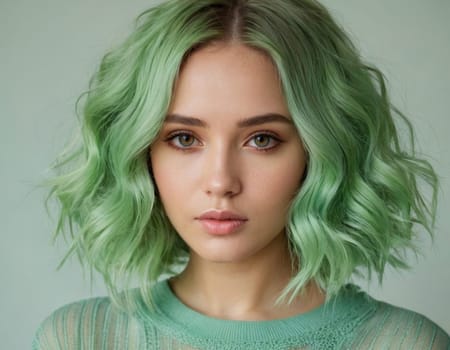 Portrait image of a young woman with curly bright green hair. AI generation