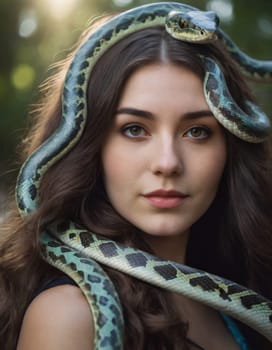 Portrait image of a brunette woman with snakes in her hair. AI generation