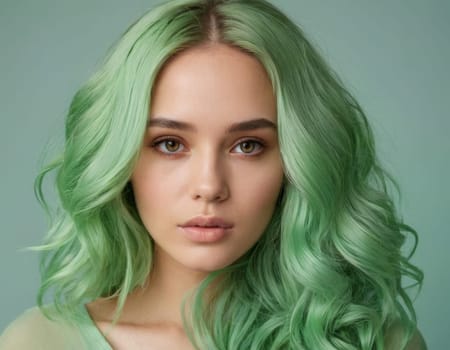 Portrait image of a young woman with curly bright green hair. AI generation