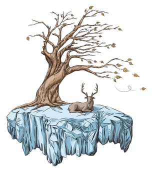 Crouching deer lying under a lonely deciduous tree on a floating island