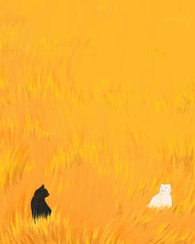 A Black cat and A White cat in the golden lawn, dried grass yellow color background