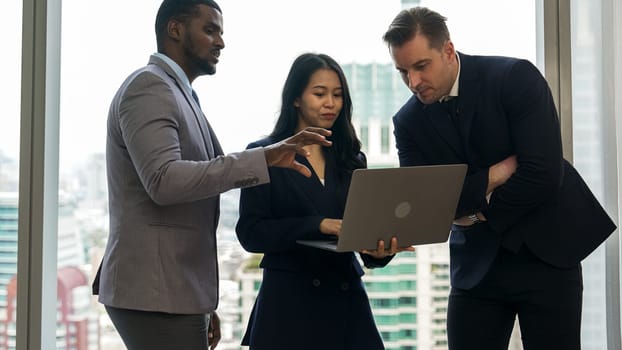 Ornamented office overlooking city skyline, diversity corporate professional discuss ambitious business expansion or strategic marketing. Financial advisor give consulting business insights and idea