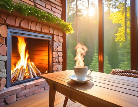 Wood is burning in the fireplace of the cottage with panoramic windows. Sunset in the wild forest outside the window. A cup stands on a wooden table. Steam rises from a hot drink. AI generated