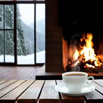 Wood is burning in the fireplace of the cottage with panoramic windows. Winter wooded mountains outside the window. A cup stands on a wooden table. Steam rises from a hot drink. AI generated