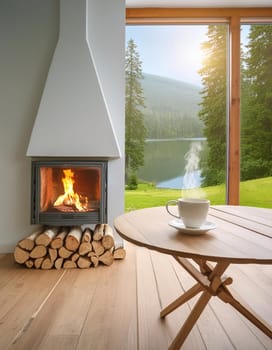Wood is burning in the fireplace of the cottage with panoramic windows. Sunset on a forest lake outside the window. A cup stands on a wooden table. Steam rises from a hot drink. AI generated