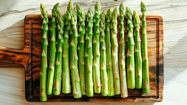 Bunch of fresh green asparagus on a wooden cutting board, top view, light background. Healthy food.