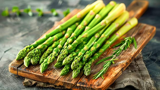 Bunch of fresh green asparagus on a wooden cutting board, top view, light background. Healthy food.