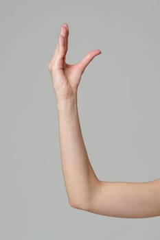 Female hand sign against gray background in studio close up