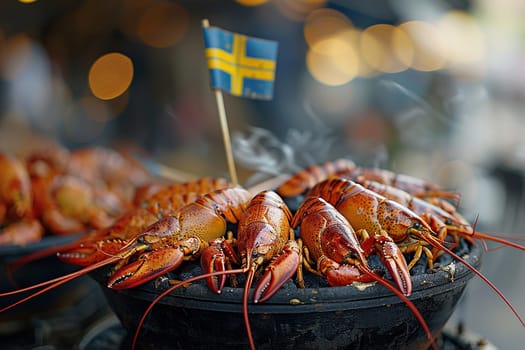 A small Swedish flag on a wooden skewer inserted into cooked crayfish. The concept of national traditions.