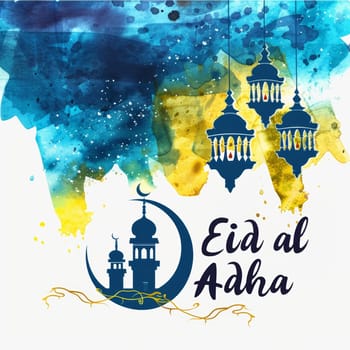 Artistic Eid al Adha greeting with watercolor mosque silhouettes against a vibrant blue and yellow background