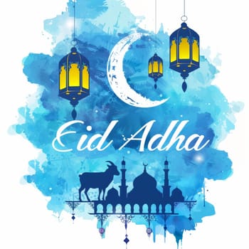 Eid Adha greeting with a blue watercolor splash background featuring lanterns, a crescent moon, and a silhouette of a goat and mosque