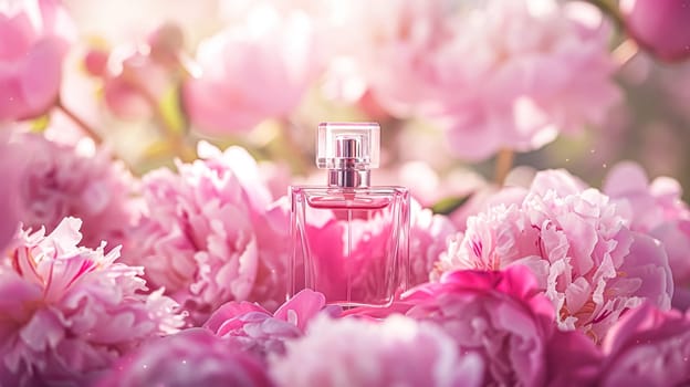 Perfume bottle in flowers, fragrance on blooming background, floral scent and cosmetic product idea