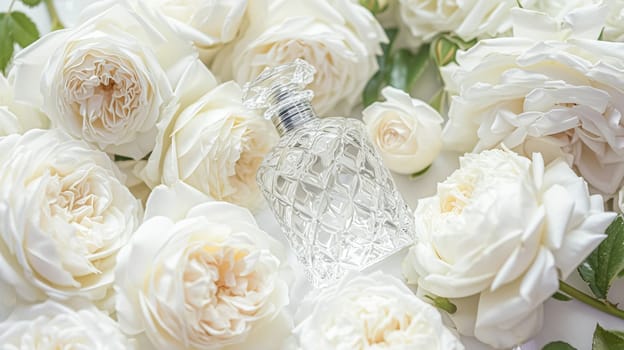 Perfume bottle in flowers, fragrance on blooming background, floral scent and cosmetic product idea