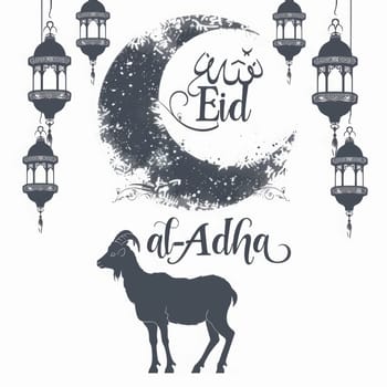 Elegant monochrome design of Eid al-Adha with lanterns hanging around a textured crescent and a goat